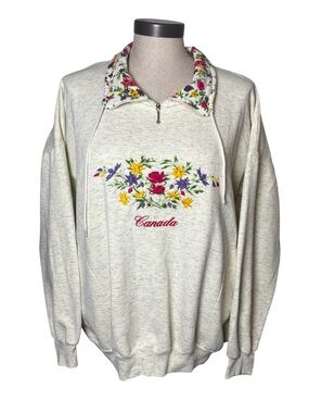 Vintage Cityscape Canada Floral Embroidered Quarter Zip Sweatshirt L Pullover